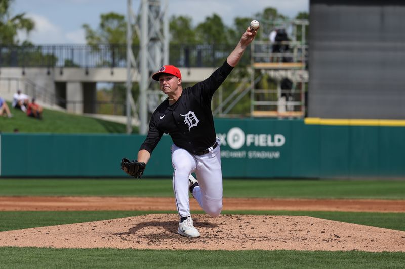 Mar 4, 2024; Lakeland, Florida, USA; Detroit Tigers starting pitcher Matt Manning (25) pitches during the second inning against the Boston Red Sox at Publix Field at Joker Marchant Stadium. Mandatory Credit: Mike Watters-USA TODAY Sports