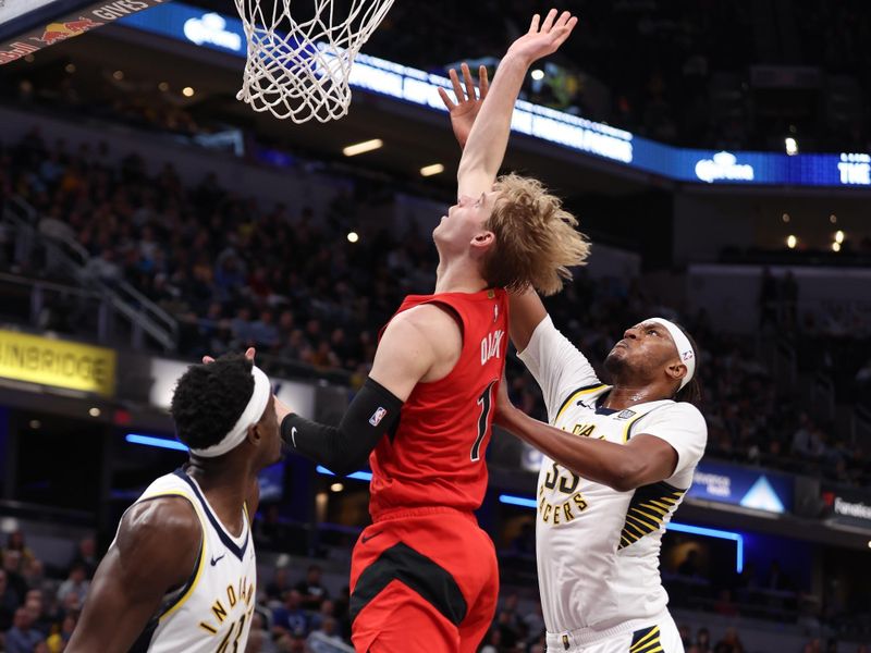 INDIANAPOLIS, IN - FEBRUARY 26:  Gradey Dick #1 of the Toronto Raptors shoots the ball during the game against the Indiana Pacers on February 26, 2025 at Gainbridge Fieldhouse in Indianapolis, Indiana. NOTE TO USER: User expressly acknowledges and agrees that, by downloading and or using this Photograph, user is consenting to the terms and conditions of the Getty Images License Agreement. Mandatory Copyright Notice: Copyright 2025 NBAE (Photo by Pepper Robinson/NBAE via Getty Images)