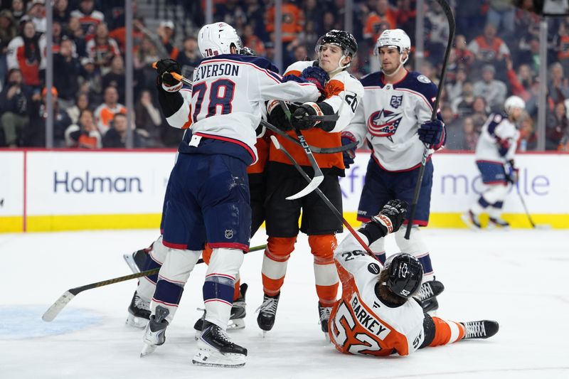 Mar 14, 2026; Philadelphia, Pennsylvania, USA; Columbus Blue Jackets defenseman Damon Severson (78) hits Philadelphia Flyers left wing Alex Bump (20) in the second period at Xfinity Mobile Arena. Mandatory Credit: Kyle Ross-Imagn Images