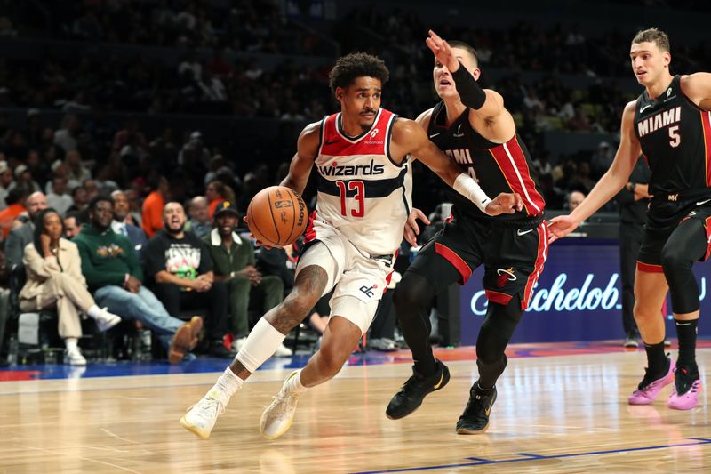 MEXICO CITY, MX - NOVEMBER 2: Jordan Poole #13 of the Washington Wizards handles the ball during the game against the Miami Heat as part of 2024 NBA Mexico Games on November 2, 2024 in Mexico City, Mexico at Arena Ciudad de Mexico. NOTE TO USER: User expressly acknowledges and agrees that, by downloading and or using this photograph, User is consenting to the terms and conditions of the Getty Images License Agreement. Mandatory Copyright Notice: Copyright 2024 NBAE (Photo by Issac Baldizon/NBAE via Getty Images)