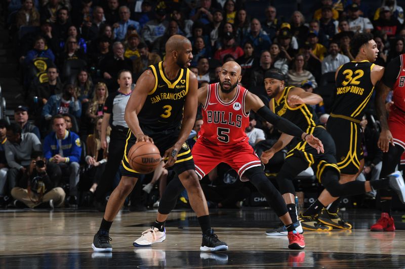 SAN FRANCISCO, CA - MARCH 7: Chris Paul #3 of the Golden State Warriors handles the ball during the game against the Chicago Bulls on March 7, 2024 at Chase Center in San Francisco, California. NOTE TO USER: User expressly acknowledges and agrees that, by downloading and or using this photograph, user is consenting to the terms and conditions of Getty Images License Agreement. Mandatory Copyright Notice: Copyright 2024 NBAE (Photo by Noah Graham/NBAE via Getty Images)