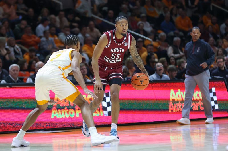 Jan 30, 2024; Knoxville, Tennessee, USA; South Carolina Gamecocks guard Ta'Lon Cooper (55) moves the ball against the Tennessee Volunteers during the first half at Thompson-Boling Arena at Food City Center. Mandatory Credit: Randy Sartin-USA TODAY Sports