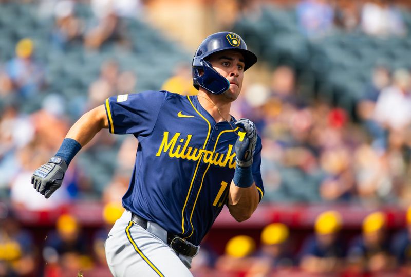 Feb 27, 2024; Tempe, Arizona, USA; Milwaukee Brewers outfielder Sal Frelick against the Los Angeles Angels during a spring training game at Tempe Diablo Stadium. Mandatory Credit: Mark J. Rebilas-USA TODAY Sports