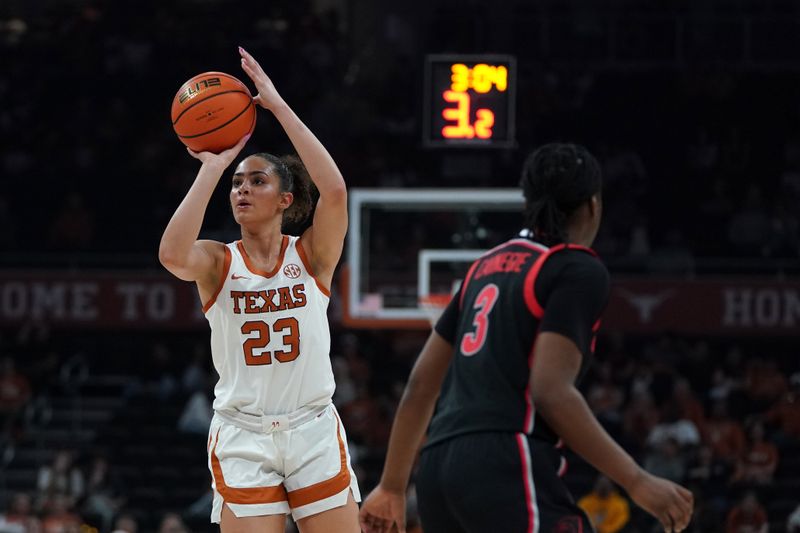 Feb 26, 2026; Austin, Texas, USA; Texas Longhorns guard Aaliyah Crump (23) shoots a jump shot during the second half against the Georgia Bulldogsat Moody Center. Mandatory Credit: Dustin Safranek-Imagn Images