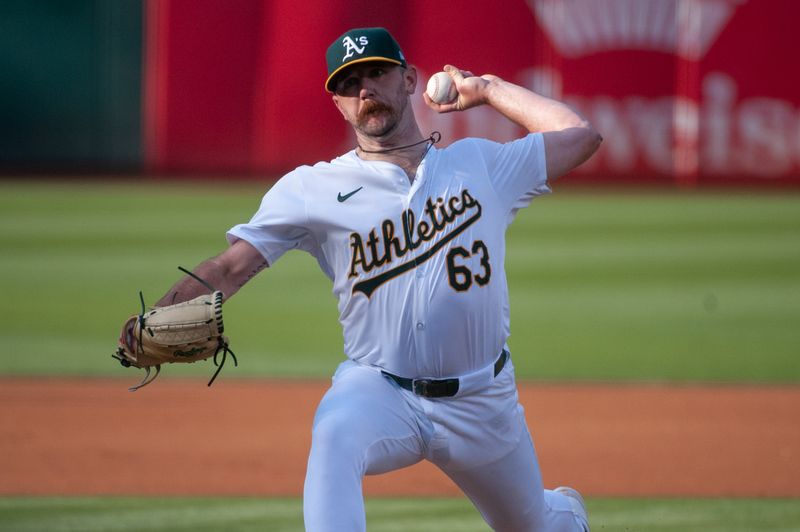 Jun 18, 2024; Oakland, California, USA; Oakland Athletics starting pitcher Hogan Harris (63) throws a pitch against the Kansas City Royals during the first inning at Oakland-Alameda County Coliseum. Mandatory Credit: Ed Szczepanski-USA TODAY Sports