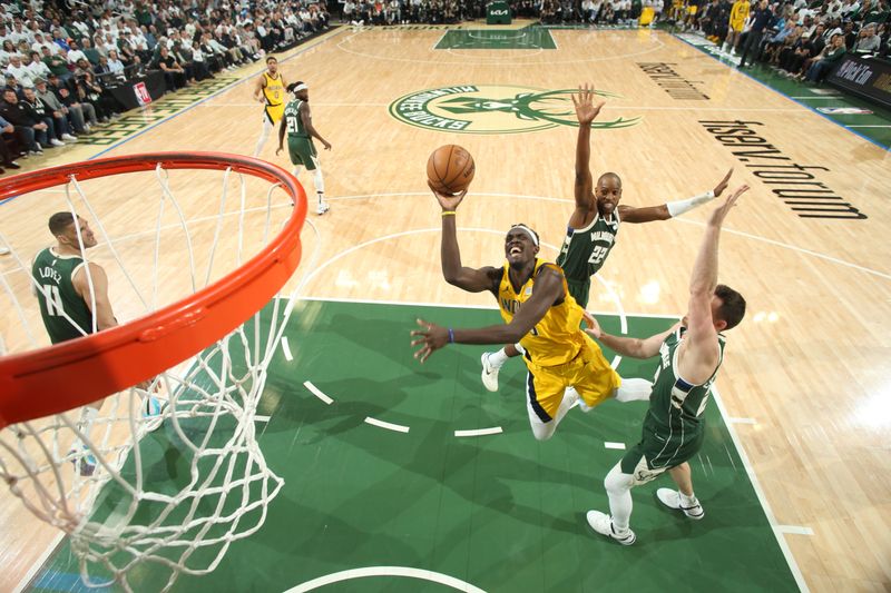 MILWAUKEE, WI - APRIL 23: Pascal Siakam #43 of the Indiana Pacers shoots the ball during the game against the Milwaukee Bucks during Round One Game Two of the 2024 NBA Playoffs on April 23, 2024 at the Fiserv Forum Center in Milwaukee, Wisconsin. NOTE TO USER: User expressly acknowledges and agrees that, by downloading and or using this Photograph, user is consenting to the terms and conditions of the Getty Images License Agreement. Mandatory Copyright Notice: Copyright 2024 NBAE (Photo by Gary Dineen/NBAE via Getty Images).