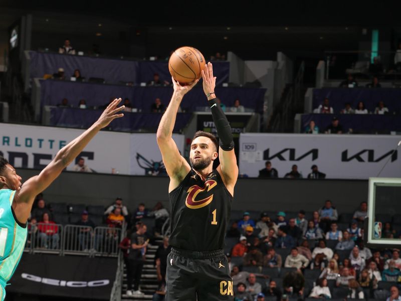 CHARLOTTE, NC - MARCH 27: Max Strus #1 of the Cleveland Cavaliers shoots a 3-point basket during the game  on March 27, 2024 at Spectrum Center in Charlotte, North Carolina. NOTE TO USER: User expressly acknowledges and agrees that, by downloading and or using this photograph, User is consenting to the terms and conditions of the Getty Images License Agreement. Mandatory Copyright Notice: Copyright 2024 NBAE (Photo by Kent Smith/NBAE via Getty Images)