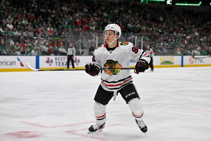 Oct 26, 2024; Dallas, Texas, USA; Chicago Blackhawks center Connor Bedard (98) skates against the Dallas Stars during the first period at the American Airlines Center. Mandatory Credit: Jerome Miron-Imagn Images