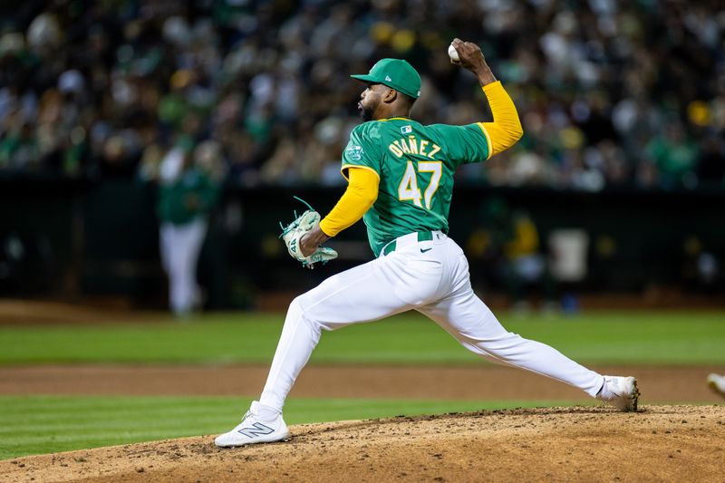 Sep 20, 2024; Oakland, California, USA; Oakland Athletics pitcher Michel Otanez (47) throws a pitch during the sixth inning against the New York Yankees at Oakland-Alameda County Coliseum. Mandatory Credit: Bob Kupbens-Imagn Images