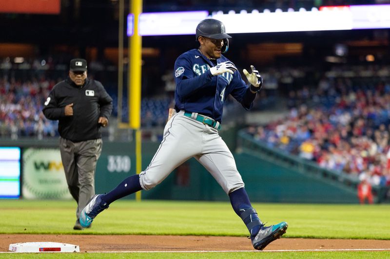 Apr 26, 2023; Philadelphia, Pennsylvania, USA; Seattle Mariners center fielder Julio Rodriguez (44) runs the bases after hitting a home run during the second inning against the Philadelphia Phillies at Citizens Bank Park. Mandatory Credit: Bill Streicher-USA TODAY Sports