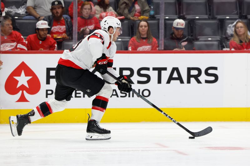 Oct 4, 2024; Detroit, Michigan, USA;  Ottawa Senators defenseman Tyler Kleven (43) skates with the puck in the second period against the Detroit Red Wings at Little Caesars Arena. Mandatory Credit: Rick Osentoski-Imagn Images