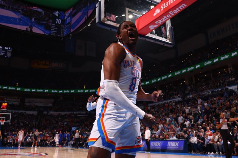 OKLAHOMA CITY, OK - MARCH 14: Jalen Williams #8 of the Oklahoma City Thunder celebrates during the game against the Dallas Mavericks on March 13, 2024 at Paycom Arena in Oklahoma City, Oklahoma. NOTE TO USER: User expressly acknowledges and agrees that, by downloading and or using this photograph, User is consenting to the terms and conditions of the Getty Images License Agreement. Mandatory Copyright Notice: Copyright 2024 NBAE (Photo by Zach Beeker/NBAE via Getty Images)