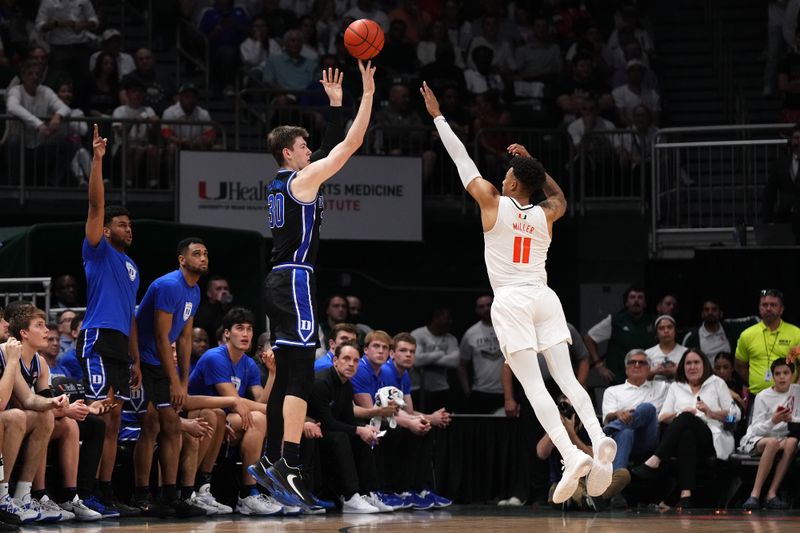 Feb 6, 2023; Coral Gables, Florida, USA; Duke Blue Devils center Kyle Filipowski (30) attempts a three point shot over Miami Hurricanes guard Jordan Miller (11) during the second half at Watsco Center. Mandatory Credit: Jasen Vinlove-USA TODAY Sports