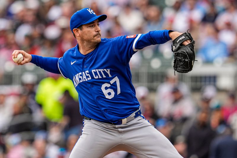 Mar 29, 2026; Cumberland, Georgia, USA; Kansas City Royals pitcher Seth Lugo (67) pitches against the Atlanta Braves during the first inning at Truist Park. Mandatory Credit: Dale Zanine-Imagn Images