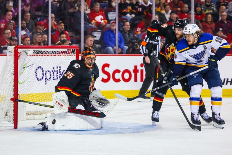 Jan 23, 2024; Calgary, Alberta, CAN; Calgary Flames goaltender Jacob Markstrom (25) makes a save against the St. Louis Blues during the third period at Scotiabank Saddledome. Mandatory Credit: Sergei Belski-USA TODAY Sports