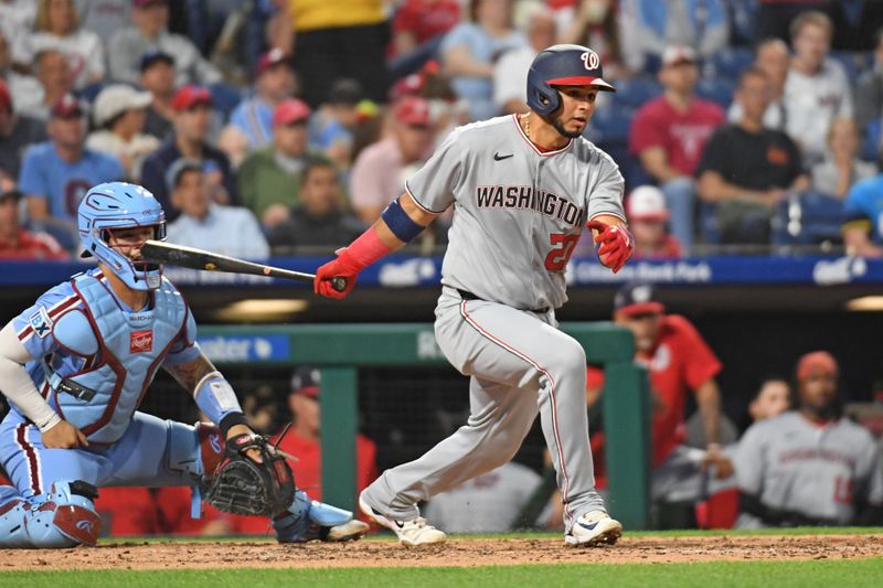 May 1, 2025; Philadelphia, Pennsylvania, USA; Washington Nationals catcher Keibert Ruiz (20) singles during the sixth inning against the Philadelphia Phillies at Citizens Bank Park. Mandatory Credit: Eric Hartline-Imagn Images
