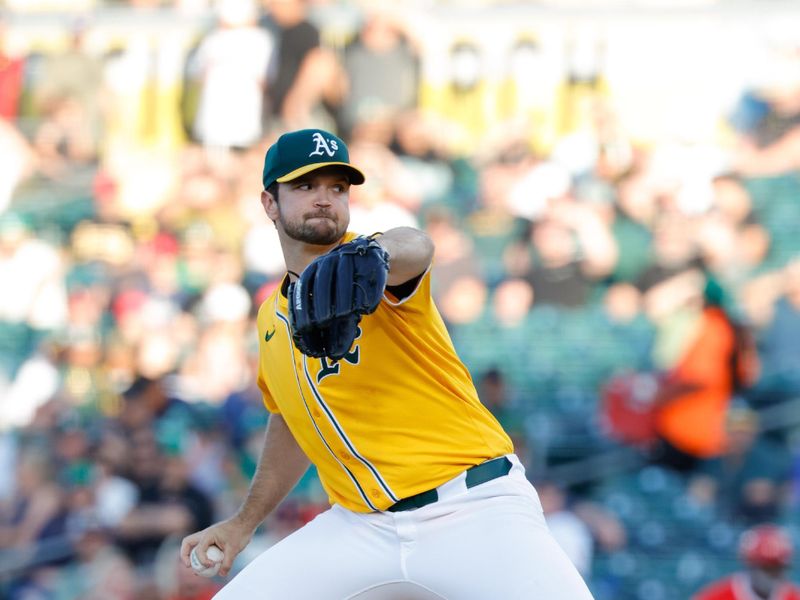 May 20, 2025; West Sacramento, California, USA; Athletics starting pitcher Gunnar Hoglund (53) throws a pitch during the first inning against the Los Angeles Angels at Sutter Health Park. Mandatory Credit: Sergio Estrada-Imagn Images