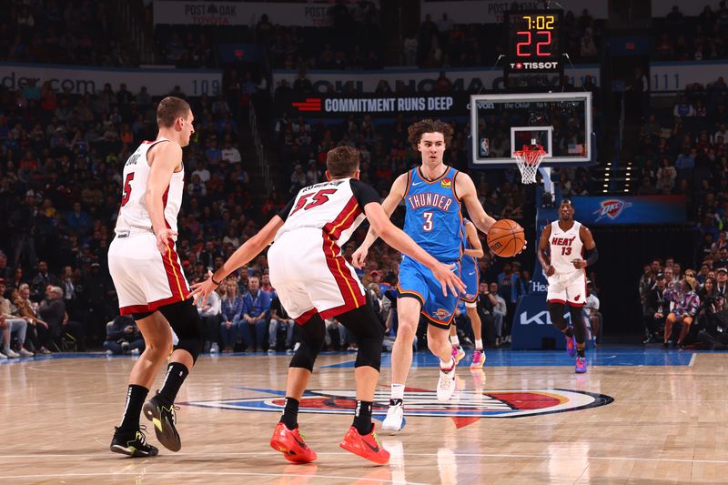 OKLAHOMA CITY, OK - MARCH 8:  Josh Giddey #3 of the Oklahoma City Thunder handles the ball during the game against the Miami Heat on March 8, 2024 at Paycom Arena in Oklahoma City, Oklahoma. NOTE TO USER: User expressly acknowledges and agrees that, by downloading and or using this photograph, User is consenting to the terms and conditions of the Getty Images License Agreement. Mandatory Copyright Notice: Copyright 2024 NBAE (Photo by Zach Beeker/NBAE via Getty Images)