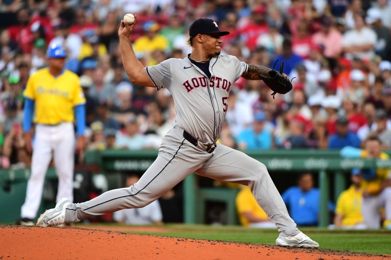 Aug 10, 2024; Boston, Massachusetts, USA;  Houston Astros relief pitcher Bryan Abreu (52) pitches during the eighth inning against the Boston Red Sox at Fenway Park. Mandatory Credit: Bob DeChiara-USA TODAY Sports