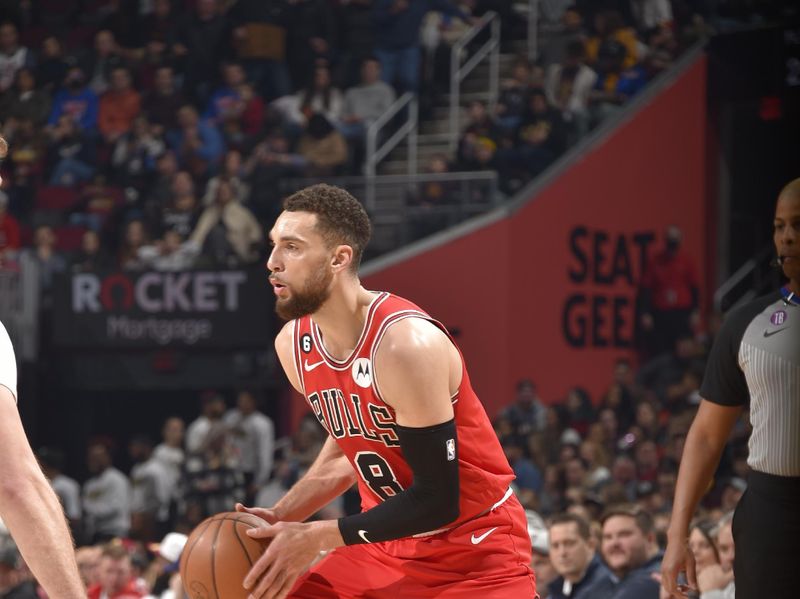 CLEVELAND, OH - FEBRUARY 11: Zach LaVine #8 of the Chicago Bulls handles the ball during the game against the Cleveland Cavaliers on February 11, 2023 at Rocket Mortgage FieldHouse in Cleveland, Ohio. NOTE TO USER: User expressly acknowledges and agrees that, by downloading and/or using this Photograph, user is consenting to the terms and conditions of the Getty Images License Agreement. Mandatory Copyright Notice: Copyright 2023 NBAE (Photo by David Liam Kyle/NBAE via Getty Images)