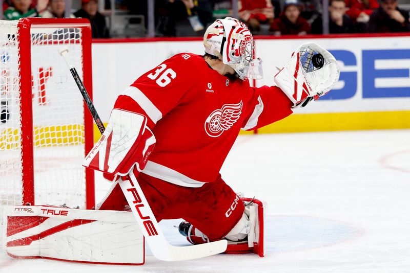 Dec 23, 2025; Detroit, Michigan, USA;  Detroit Red Wings goaltender John Gibson (36) makes the save in the first period against the Dallas Stars at Little Caesars Arena. Mandatory Credit: Rick Osentoski-Imagn Images