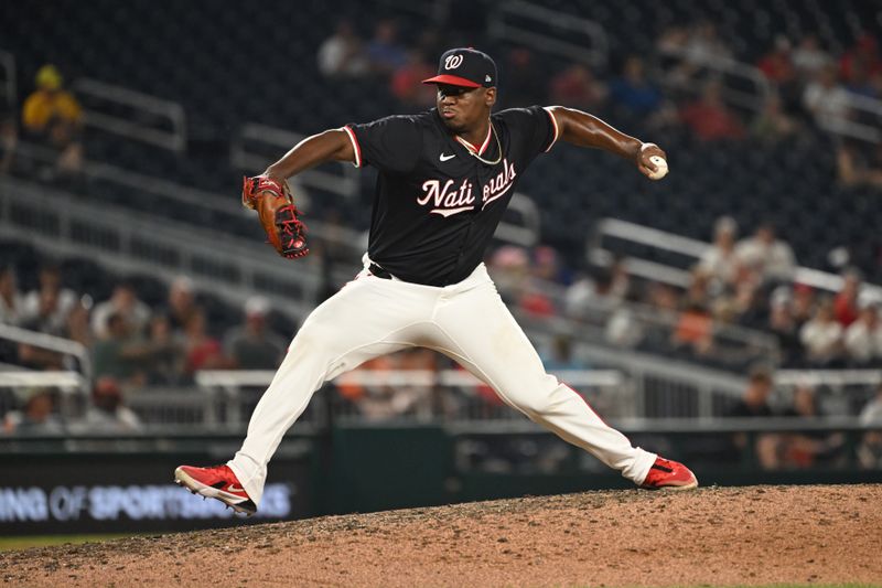 Aug 5, 2024; Washington, District of Columbia, USA; Washington Nationals relief pitcher Jose Ferrer (47) throws a pitch against the San Francisco Giants during the ninth inning at Nationals Park. Mandatory Credit: Rafael Suanes-USA TODAY Sports