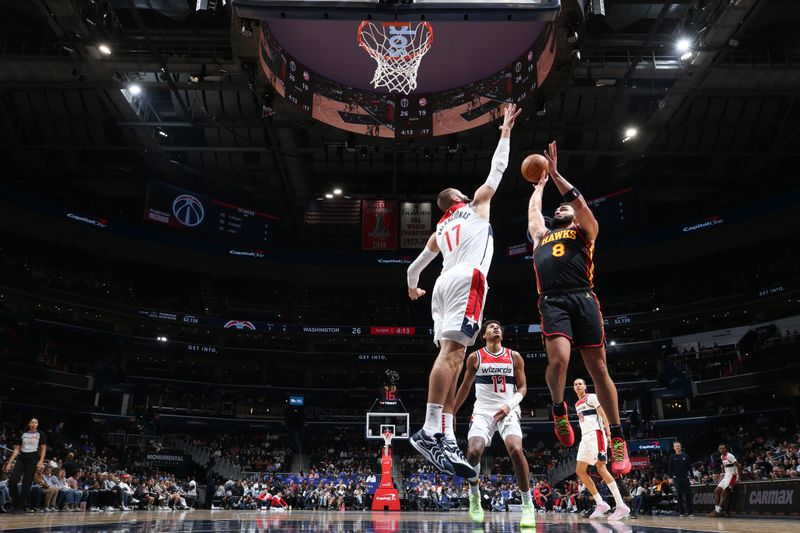 WASHINGTON, DC -? OCTOBER 30: David Roddy #8 of the Atlanta Hawks drives to the basket during the game against the Washington Wizards on October 30, 2024 at Capital One Arena in Washington, DC. NOTE TO USER: User expressly acknowledges and agrees that, by downloading and or using this Photograph, user is consenting to the terms and conditions of the Getty Images License Agreement. Mandatory Copyright Notice: Copyright 2024 NBAE (Photo by Stephen Gosling/NBAE via Getty Images)