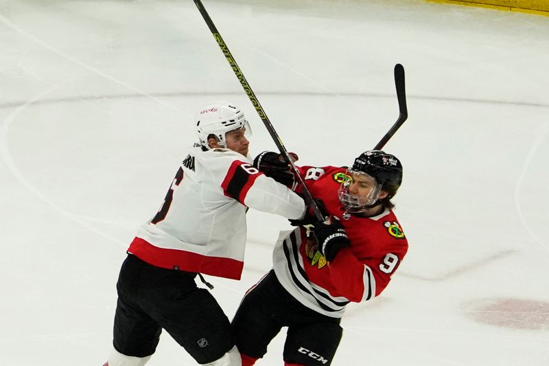 Feb 17, 2024; Chicago, Illinois, USA; Chicago Blackhawks center Connor Bedard (98) Ottawa Senators left wing Ottawa Senators defenseman Jakob Chychrun (6) check each other during the first period at United Center. Mandatory Credit: David Banks-USA TODAY Sports