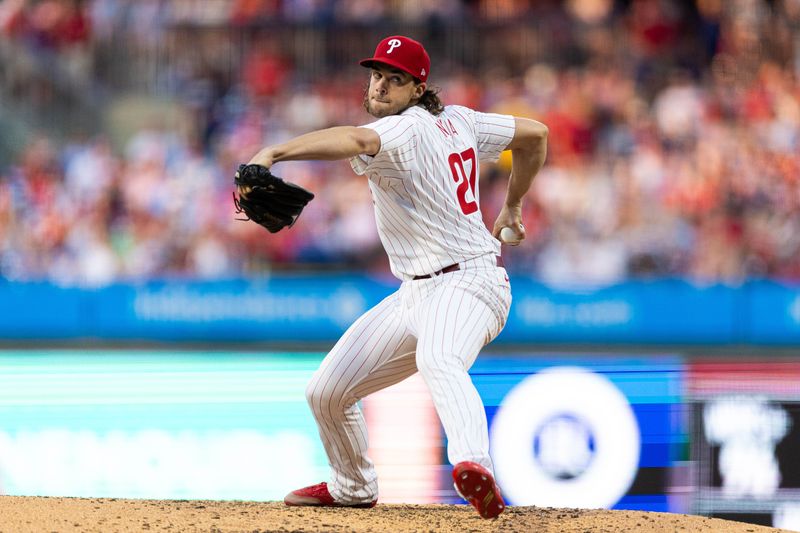 Jun 18, 2024; Philadelphia, Pennsylvania, USA; Philadelphia Phillies pitcher Aaron Nola (27) throws a pitch during the fifth inning against the San Diego Padres at Citizens Bank Park. Mandatory Credit: Bill Streicher-USA TODAY Sports