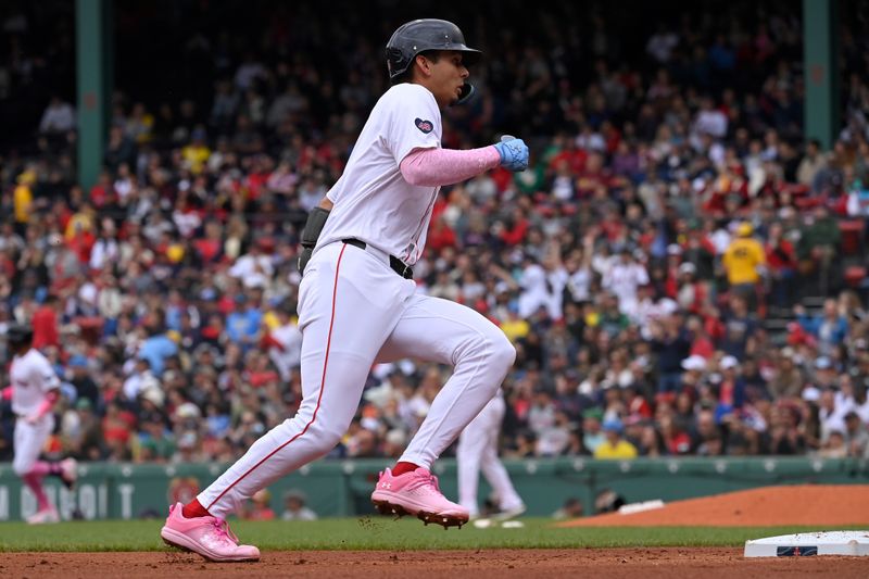 May 12, 2024; Boston, Massachusetts, USA;  Boston Red Sox second baseman Vaughn Grissom (5) scores a run against the Washington Nationals during the second inning at Fenway Park. Mandatory Credit: Eric Canha-USA TODAY Sports