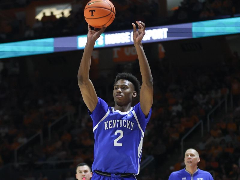 Jan 28, 2025; Knoxville, Tennessee, USA; Kentucky Wildcats guard Jaxson Robinson (2) shoots the ball against the Tennessee Volunteers during the second half at Thompson-Boling Arena at Food City Center. Mandatory Credit: Randy Sartin-Imagn Images