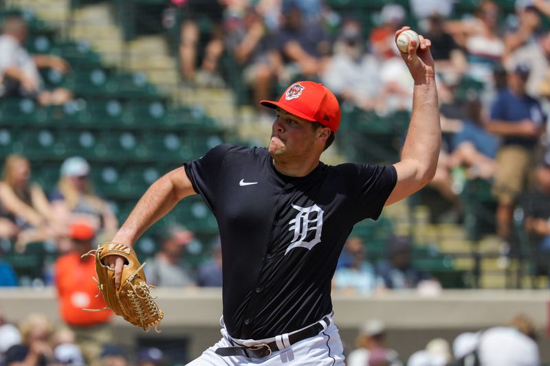 Mar 23, 2024; Lakeland, Florida, USA; Detroit Tigers pitcher Brant Hurter (74) pitches during the first inning against the New York Yankees at Publix Field at Joker Marchant Stadium. Mandatory Credit: Mike Watters-USA TODAY Sports