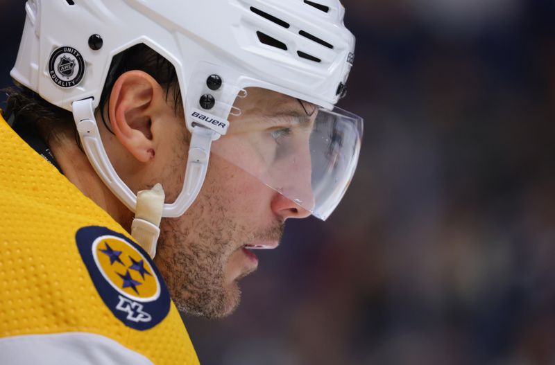 Dec 3, 2023; Buffalo, New York, USA;  Nashville Predators defenseman Luke Schenn (2) waits for the face-off during the second period against the Buffalo Sabres at KeyBank Center. Mandatory Credit: Timothy T. Ludwig-USA TODAY Sports