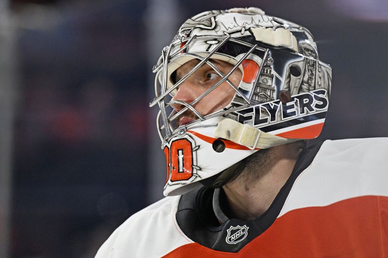 Oct 18, 2025; Philadelphia, Pennsylvania, USA; Philadelphia Flyers goaltender Dan Vladar (80) against the Minnesota Wild during the second period at Wells Fargo Center. Mandatory Credit: Eric Hartline-Imagn Images