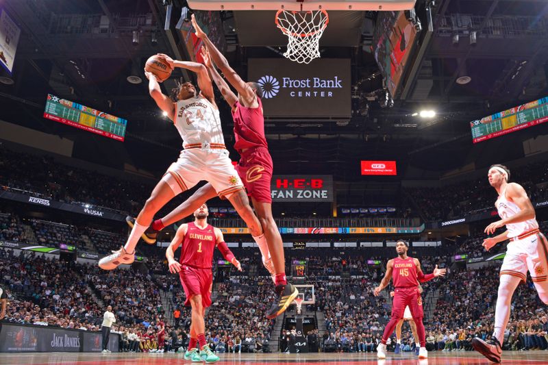 SAN ANTONIO, TX - FEBRUARY 3: Devin Vassell #24 of the San Antonio Spurs drives to the basket during the game against the Cleveland Cavaliers on February 3, 2024 at the Frost Bank Center in San Antonio, Texas. NOTE TO USER: User expressly acknowledges and agrees that, by downloading and or using this photograph, user is consenting to the terms and conditions of the Getty Images License Agreement. Mandatory Copyright Notice: Copyright 2024 NBAE (Photos by Barry Gossage/NBAE via Getty Images)