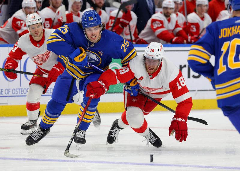 Dec 5, 2023; Buffalo, New York, USA;  Buffalo Sabres defenseman Owen Power (25) and Detroit Red Wings center Andrew Copp (18) go after a loose puck during the third period at KeyBank Center. Mandatory Credit: Timothy T. Ludwig-USA TODAY Sports