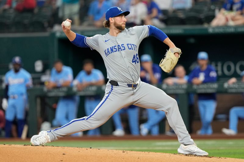 Jun 23, 2024; Arlington, Texas, USA; Kansas City Royals starting pitcher Alec Marsh (48) delivers a pitch to the Texas Rangers during the first inning at Globe Life Field. Mandatory Credit: Jim Cowsert-USA TODAY Sports