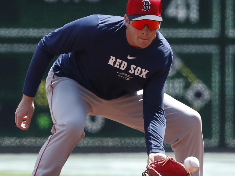 Apr 20, 2024; Pittsburgh, Pennsylvania, USA; Boston Red Sox first baseman Triston Casas (36) takes ground balls before the game against the Pittsburgh Pirates at PNC Park. Mandatory Credit: Charles LeClaire-USA TODAY Sports
