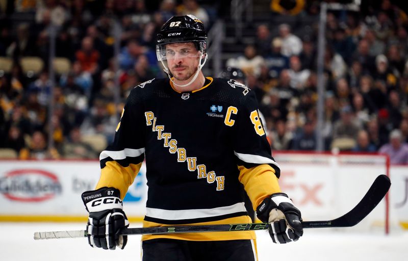 Jan 11, 2024; Pittsburgh, Pennsylvania, USA; Pittsburgh Penguins center Sidney Crosby (87) looks on before a face-off against the Vancouver Canucks during the third period at PPG Paints Arena. The Canucks won 4-3 in overtime. Mandatory Credit: Charles LeClaire-USA TODAY Sports