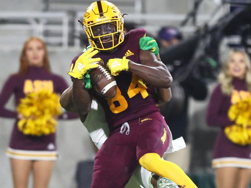 Nov 23, 2019; Tempe, AZ, USA; Arizona State Sun Devils wide receiver Frank Darby (84) catches a touchdown pass against the Oregon Ducks in the fourth quarter at Sun Devil Stadium. Mandatory Credit: Mark J. Rebilas-USA TODAY Sports