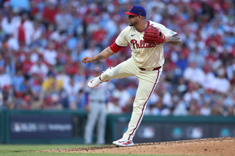 Oct 6, 2024; Philadelphia, Pennsylvania, USA; Philadelphia Phillies relief pitcher Jose Ruiz (66) pitches in the sixth inning  during game two of the NLDS for the 2024 MLB Playoffs at Citizens Bank Park. Mandatory Credit: Bill Streicher-Imagn Images