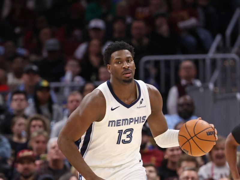 CLEVELAND, OH - FEBRUARY 23:  Jaren Jackson Jr. #13 of the Memphis Grizzlies dribbles the ball during the game against the Cleveland Cavaliers on February 23, 2025 at Rocket Arena in Cleveland, Ohio. NOTE TO USER: User expressly acknowledges and agrees that, by downloading and/or using this Photograph, user is consenting to the terms and conditions of the Getty Images License Agreement. Mandatory Copyright Notice: Copyright 2025 NBAE (Photo by Joe Murphy/NBAE via Getty Images)