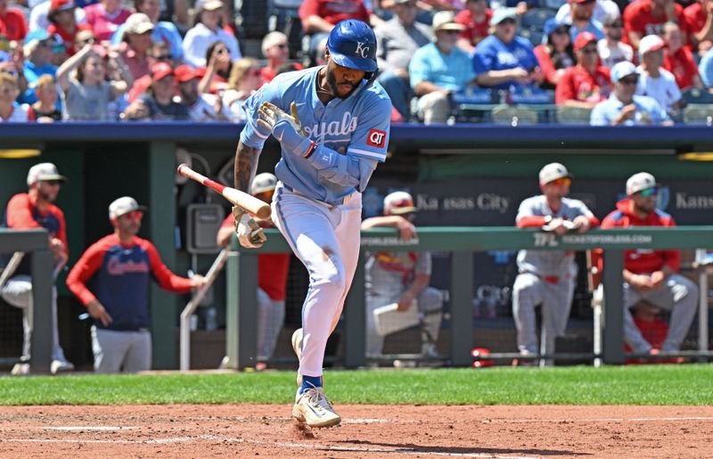 May 18, 2025; Kansas City, Missouri, USA;  Kansas City Royals third baseman Maikel Garcia (11) reacts after hitting an RBI single to drive in the go-ahead run in the seventh inning against the St. Louis Cardinals at Kauffman Stadium. Mandatory Credit: Peter Aiken-Imagn Images