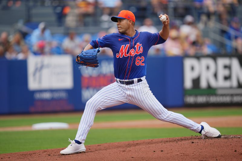Mar 23, 2024; Port St. Lucie, Florida, USA;  New York Mets starting pitcher Jose Quintana (62) pitches in the first inning against the Houston Astros at Clover Park. Mandatory Credit: Jim Rassol-USA TODAY Sports