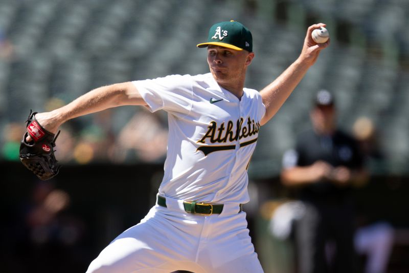 Jun 22, 2024; Oakland, California, USA; Oakland Athletics pitcher Sean Newcomb (16) delivers against the Minnesota Twins during the ninth inning at Oakland-Alameda County Coliseum. Mandatory Credit: D. Ross Cameron-USA TODAY Sports