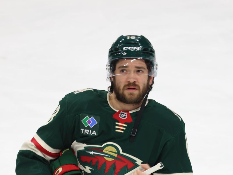 Apr 26, 2025; Saint Paul, Minnesota, USA; Minnesota Wild center Vinnie Hinostroza (18) prior to the start of game four of the first round of the 2025 Stanley Cup Playoffs at Xcel Energy Center. Mandatory Credit: Bruce Fedyck-Imagn Images