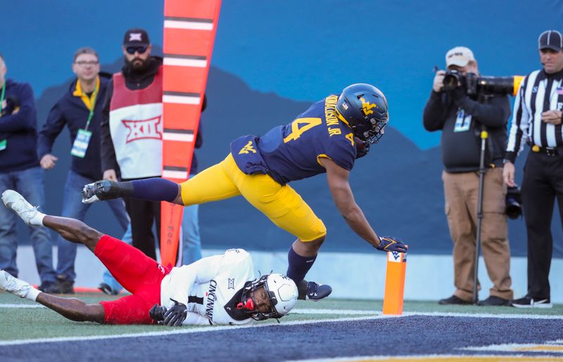 Nov 18, 2023; Morgantown, West Virginia, USA; West Virginia Mountaineers running back CJ Donaldson Jr. (4) runs the ball for a touchdown against the Cincinnati Bearcats during the second quarter at Mountaineer Field at Milan Puskar Stadium. Mandatory Credit: Ben Queen-USA TODAY Sports