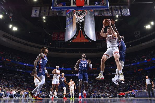 PHILADELPHIA, PA - NOVEMBER 4: Drew Eubanks #14 of the Phoenix Suns grabs a rebound during the game against the Philadelphia 76ers on November 4, 2023 at the Wells Fargo Center in Philadelphia, Pennsylvania NOTE TO USER: User expressly acknowledges and agrees that, by downloading and/or using this Photograph, user is consenting to the terms and conditions of the Getty Images License Agreement. Mandatory Copyright Notice: Copyright 2023 NBAE (Photo by Jesse D. Garrabrant/NBAE via Getty Images)