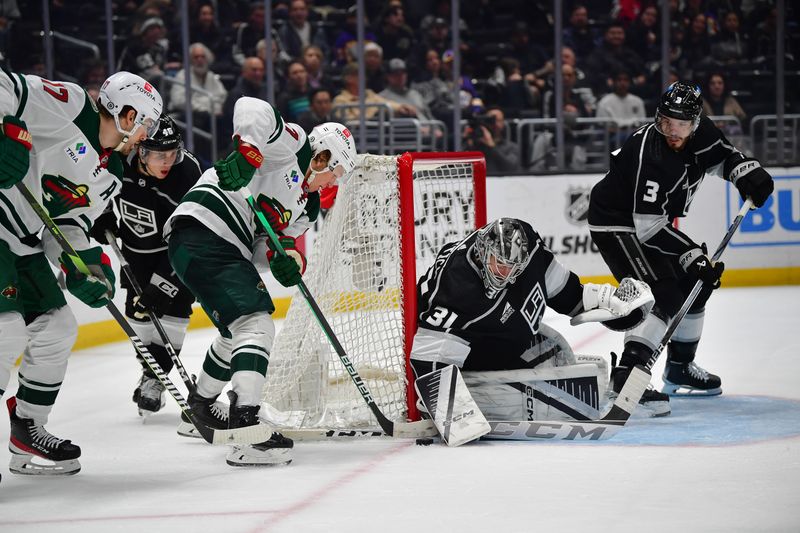 Mar 20, 2024; Los Angeles, California, USA; Minnesota Wild left wing Kirill Kaprizov (97) moves in for a shot on goal against Los Angeles Kings goaltender David Rittich (31) during the third period at Crypto.com Arena. Mandatory Credit: Gary A. Vasquez-USA TODAY Sports