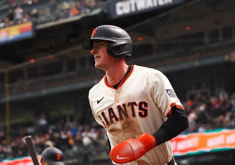 Apr 24, 2025; San Francisco, California, USA; San Francisco Giants second baseman Tyler Fitzgerald (49) after scoring a run against the Milwaukee Brewers during the eighth inning at Oracle Park. Mandatory Credit: Kelley L Cox-Imagn Images